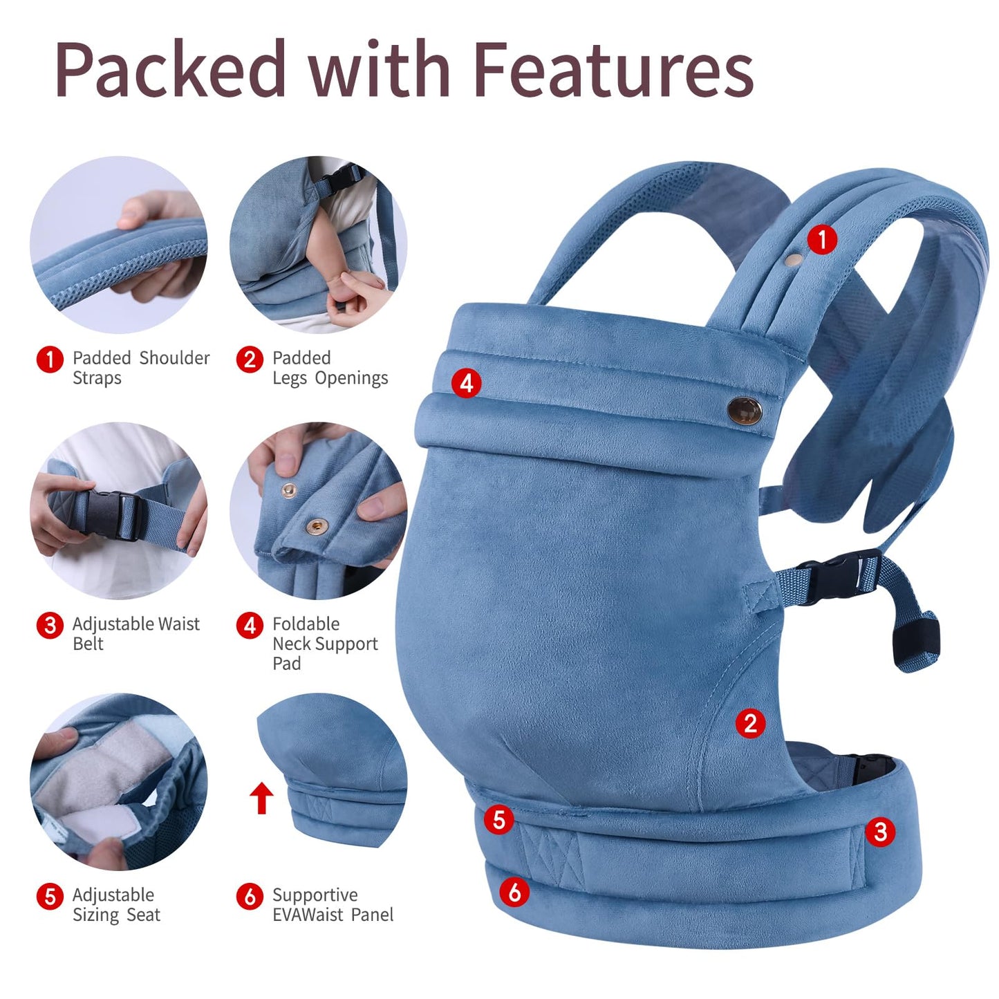 Baby Carrier Newborn to Toddler - Ergonomic,Velvet Fabric Breathable Mesh Cozy and Lightweight Infant Carrier for 7-35lbs,Enhanced Lumbar Support Hands-Free Parenting,All Seasons,Blue