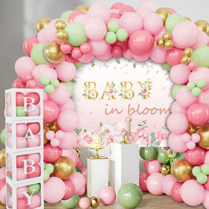Baby in Bloom Baby Shower Decorations - 116pcs Pink and Sage Green Balloon Arch Kit, BABY in Bloom Backdrop and Baby Boxes with Letters for Pink Floral Baby Shower Decorations for Girl