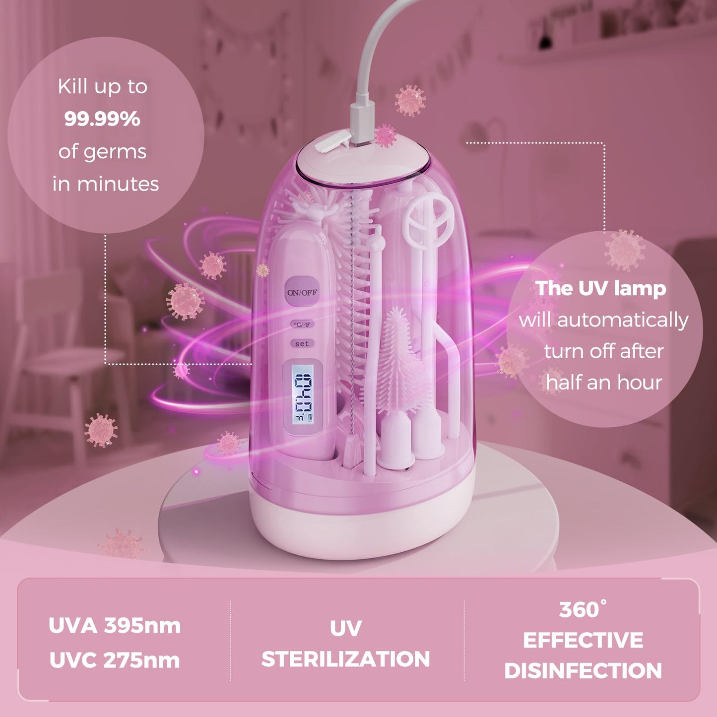 Electric Bottle Brush Cleaner,Rechargable Baby Bottle Brush with Thermometer,Drying Rack,Waterproof Baby Bottle Cleaner with Nipple&Straw Brush,Perfect Essentials Gift for New Mom (Violet)