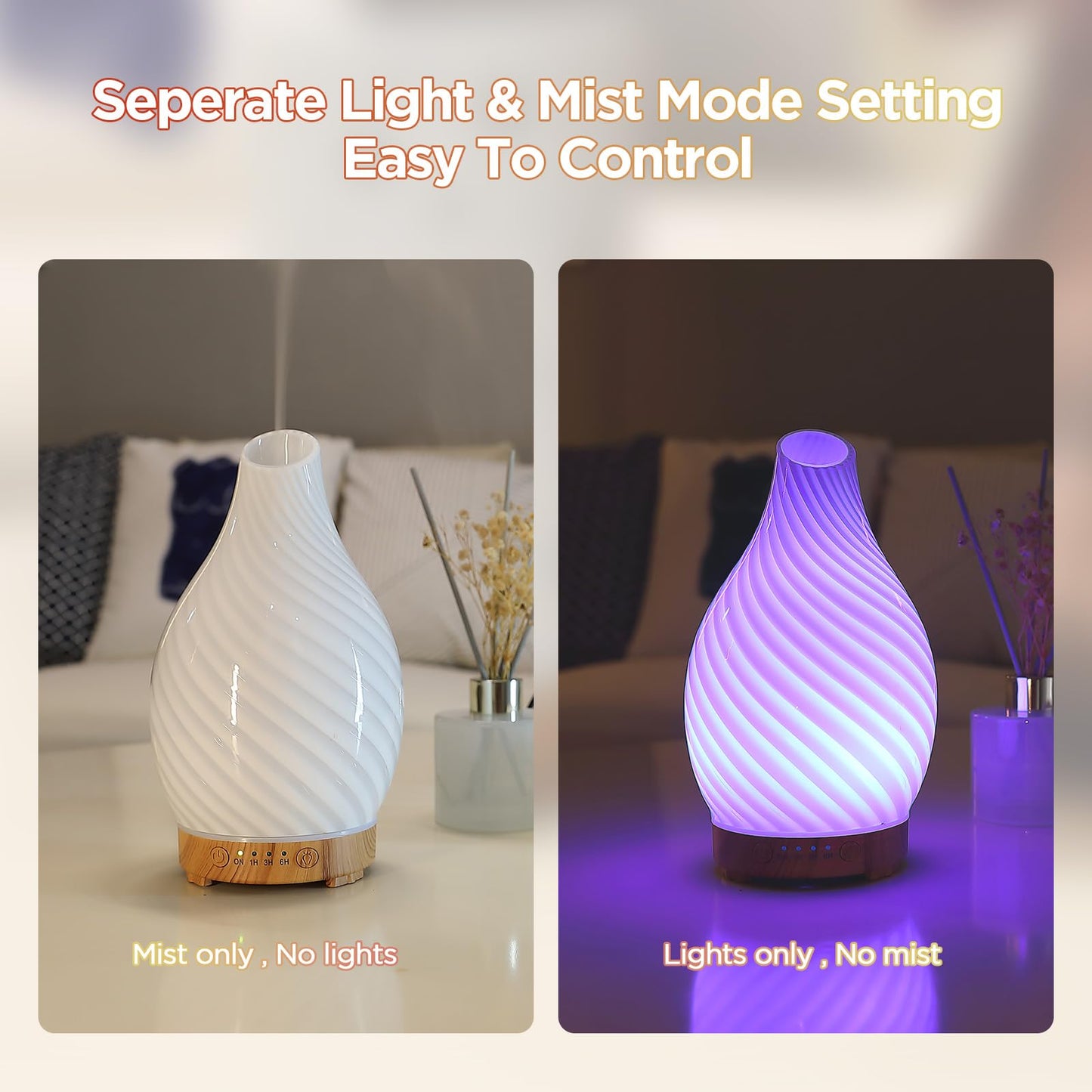Essential Oil Diffuser Hand Blown Glass Aromatherapy Diffuser - Ultrasonic Cool Mist Scent Aroma Diffuser, Whisper Quiet with Auto Shut-Off, Timer Setting &7 Colors Night Light for Home