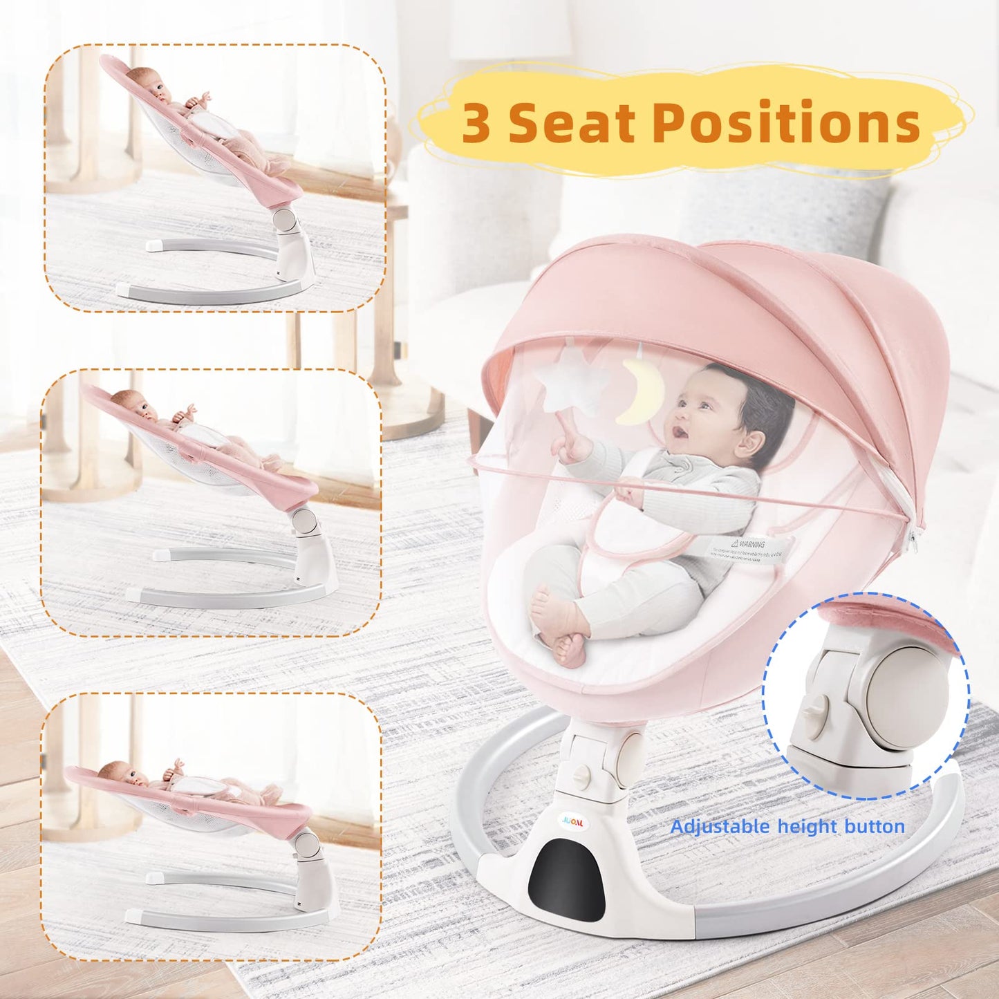Jaoul Baby Swing for Infants - Electric Portable Newborn Bouncer With Bluetooth Touch Screen/Remote Control, Timing Function, 5 Speeds, 3 Seat Positions for Boys and Girls (Pink)