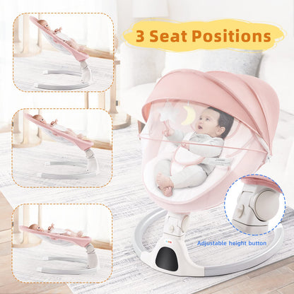 Jaoul Baby Swing for Infants - Electric Portable Newborn Bouncer With Bluetooth Touch Screen/Remote Control, Timing Function, 5 Speeds, 3 Seat Positions for Boys and Girls (Pink)