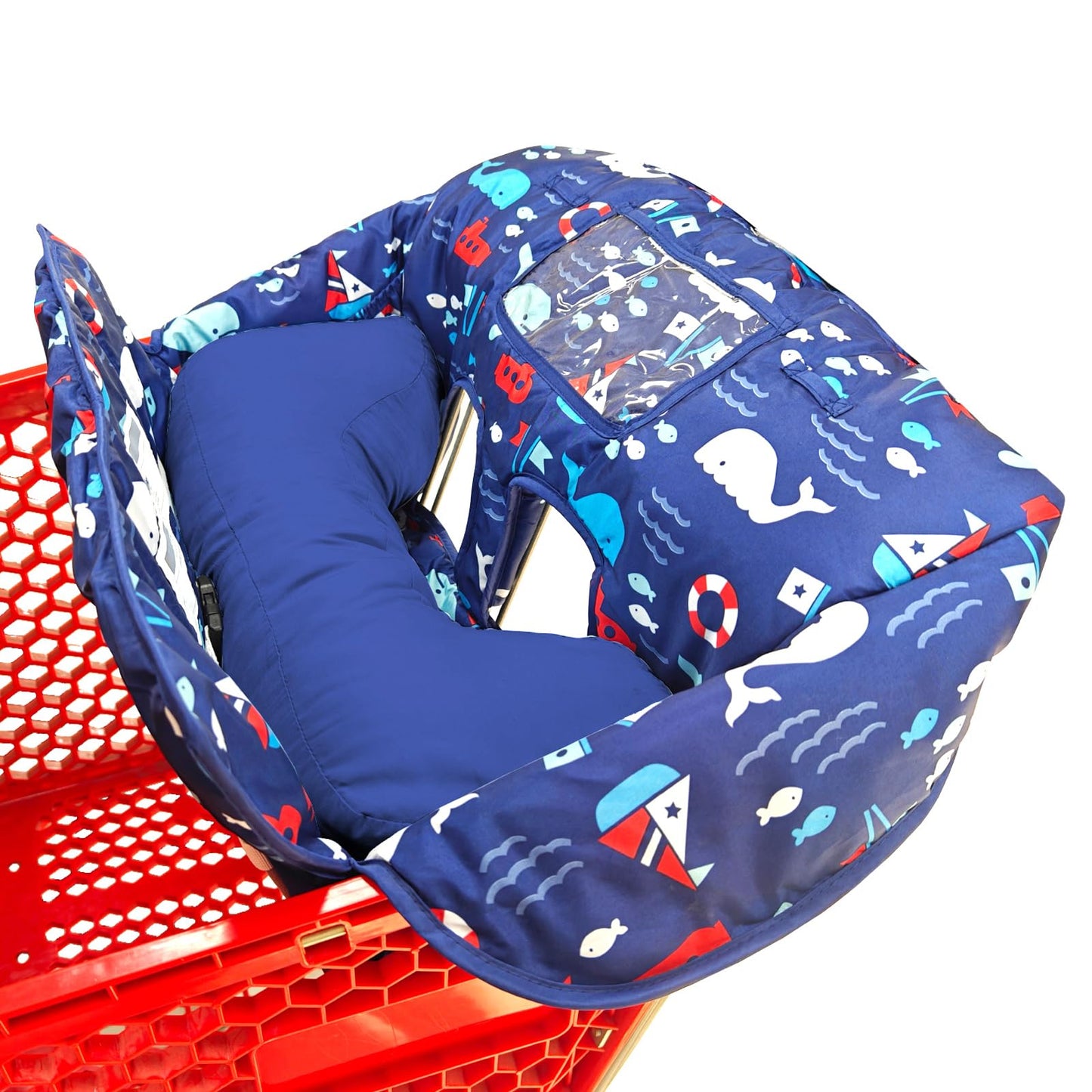 Soft Pillow Attached 2-in-1 Shopping Cart and High Chair Cover for Baby, Cotton Padded Cart Cover, Fold'n Roll Style, Portable with Carry Bag (Blue Elephant)