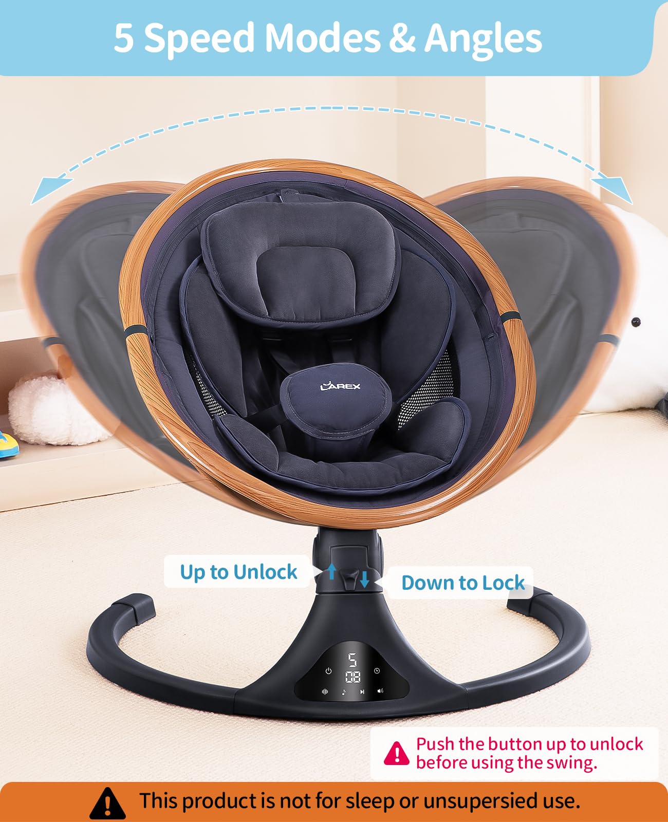 LAREX Baby Swing to Toddler Electric Infant Swing Portable for Newborn Boy Girl, 5 Sway Speeds with Remote Control, 12 Preset Melodies and Bluetooth, 0-6 Months Max 20 Lbs(Dark Wood Grain)