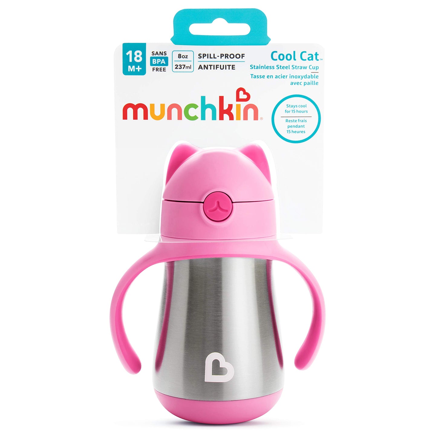 Munchkin Cool Cat Sippy Cup for Toddlers, Stainless Steel Straw Cup, 8 Ounce, Pink