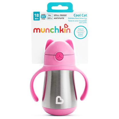 Munchkin Cool Cat Sippy Cup for Toddlers, Stainless Steel Straw Cup, 8 Ounce, Pink