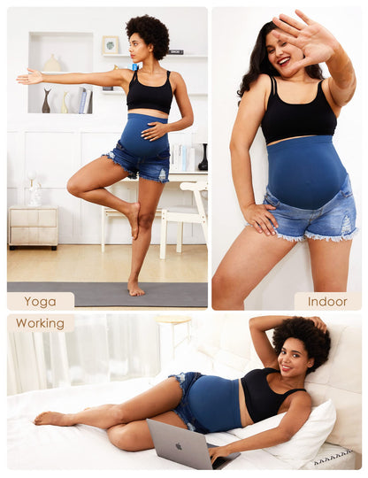 HOFISH Women's Maternity Jeans Shorts Over The Belly Stretchy Comfy Denim Shorts Pants Casual Workout Pregnancy Shorts