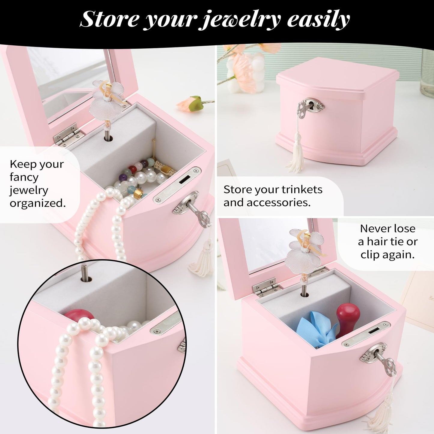 Medium Pink Ballerina Musical Jewelry Box with Mirror and Lock for Girls,Pink Kid's Jewelry Storage Music Chest,Gifts for Christmas,New Year and All Hoidays