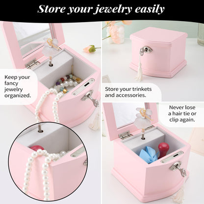 Medium Pink Ballerina Musical Jewelry Box with Mirror and Lock for Girls,Pink Kid's Jewelry Storage Music Chest,Gifts for Christmas,New Year and All Hoidays