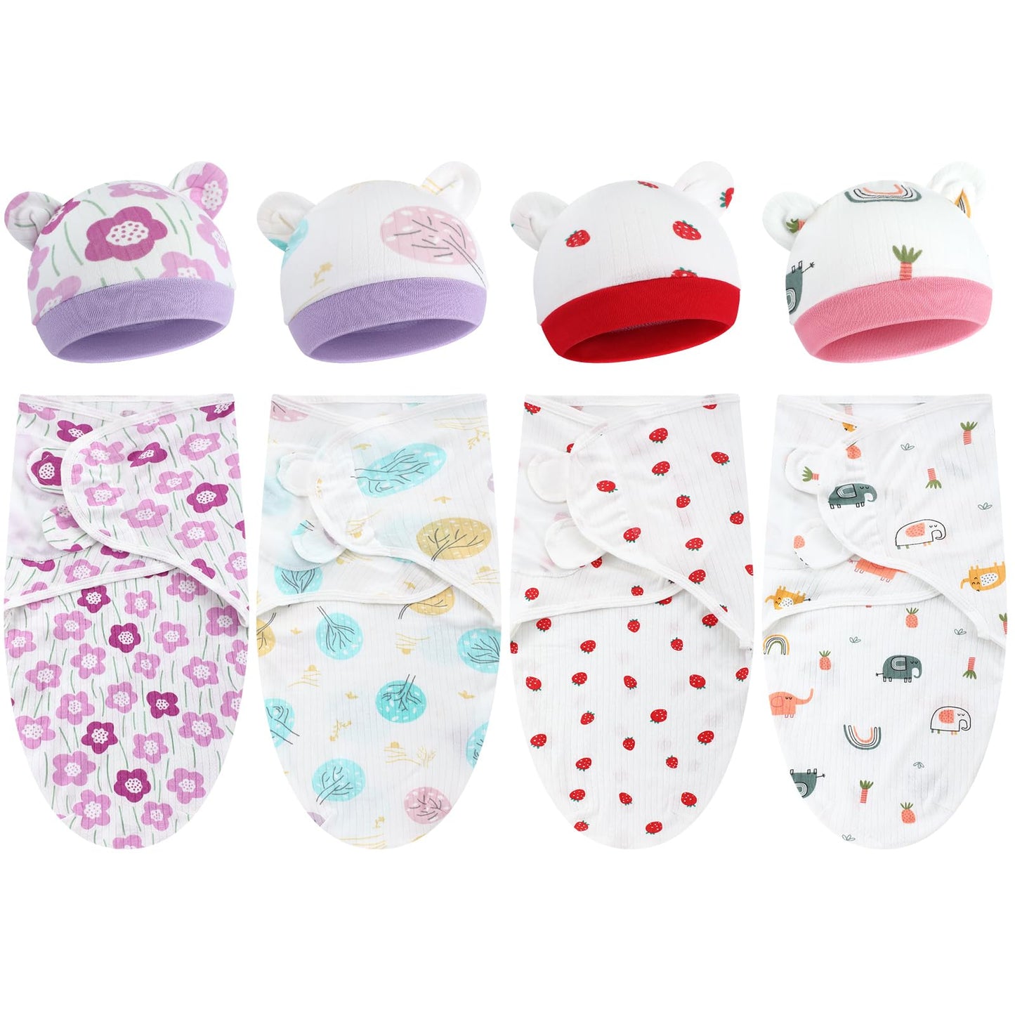 Buryeah 4 Pack Preemie Swaddle Blanket Wrap Set with Hat for Baby Boys Girls 3-7 Lbs Preemie Newborn Clothes Sleepers Cap