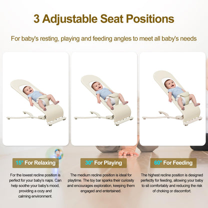 3-in-1 Portable Baby Bouncer & Rocker Chair for Newborn to Toddler - 4 Adjustable Recline Positions, Breathable Cotton Fabric, Natural Vibration, Supports Up to 33 lbs (Oatmeal Khaki)