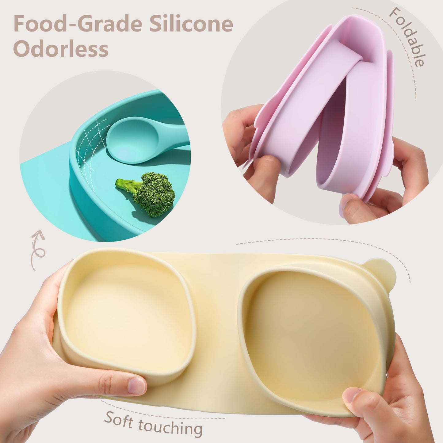 Silicone Foldable Novelty Dinner Plates,Baby Plates Travel Essential with Forks and Spoons,Microwave & Dishwasher SafeWatermelon