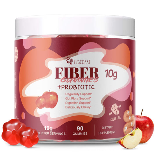 Migcopat Gomitas de fibra con probióticos, 0.35 onzas de fibra por porción, sin azúcar añadido, con mezcla de probióticos de 10 mil millones de UFC, vinagre de sidra de manzana, vitamina C, inulina,