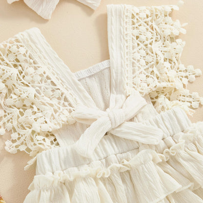 Newborn Baby Girl Lace Romper Ruffle Sleeveless Backless One Piece Jumpsuit Bodysuit with Headband Summer Clothes