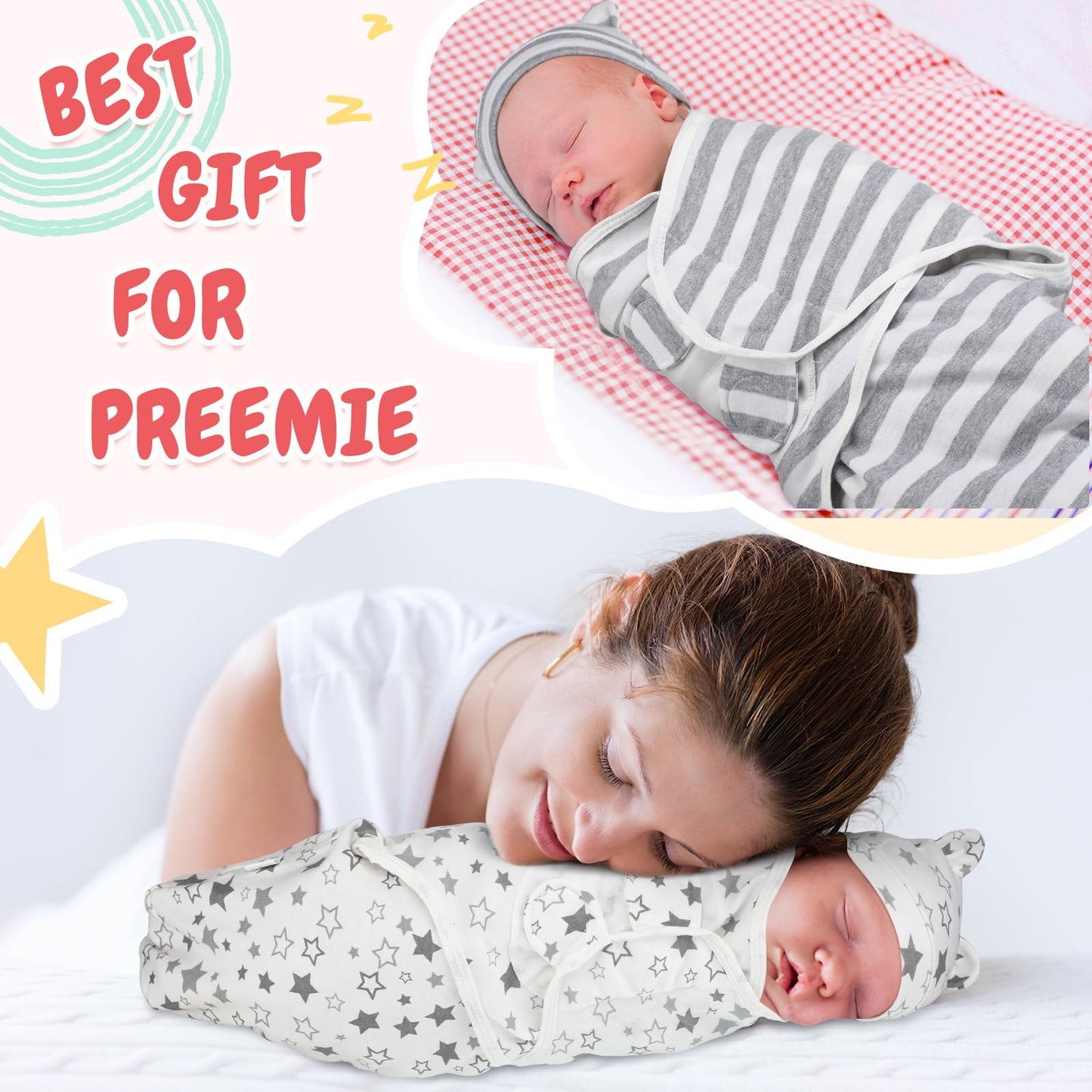 Buryeah 4 Pack Preemie Swaddle Blanket Wrap Set with Hat for Baby Boys Girls 3-7 Lbs Preemie Newborn Clothes Sleepers Cap