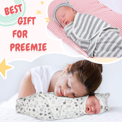 Buryeah 4 Pack Preemie Swaddle Blanket Wrap Set with Hat for Baby Boys Girls 3-7 Lbs Preemie Newborn Clothes Sleepers Cap