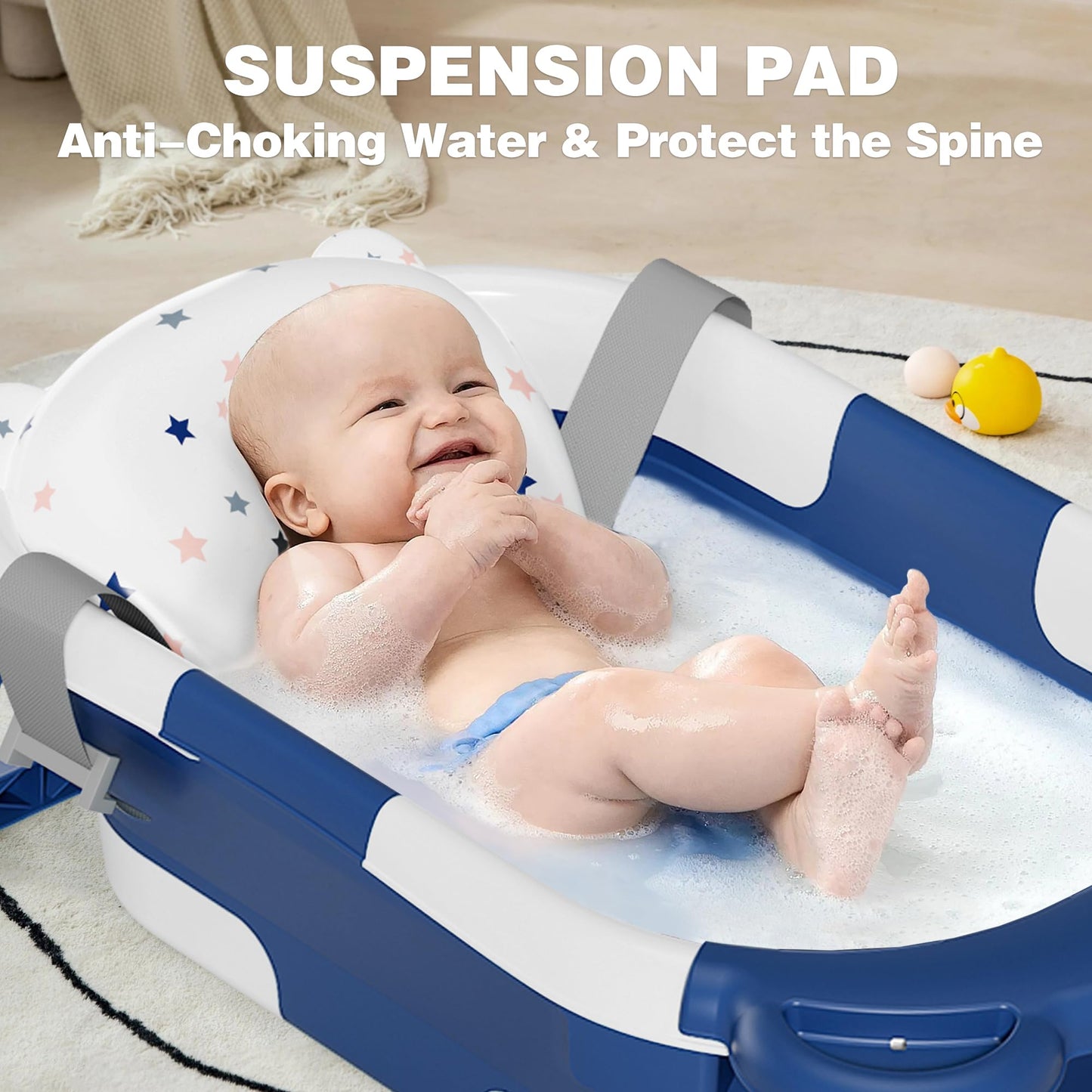 MoreFeel Collapsible Baby Bathtub for Newborn with Thermometer & 1 Hooded Towel & 1 Soft Floating Cushion,Portable Travel Bathtub with Drain Hole, Durable Foldable Baby Tubs for Infants to Toddler