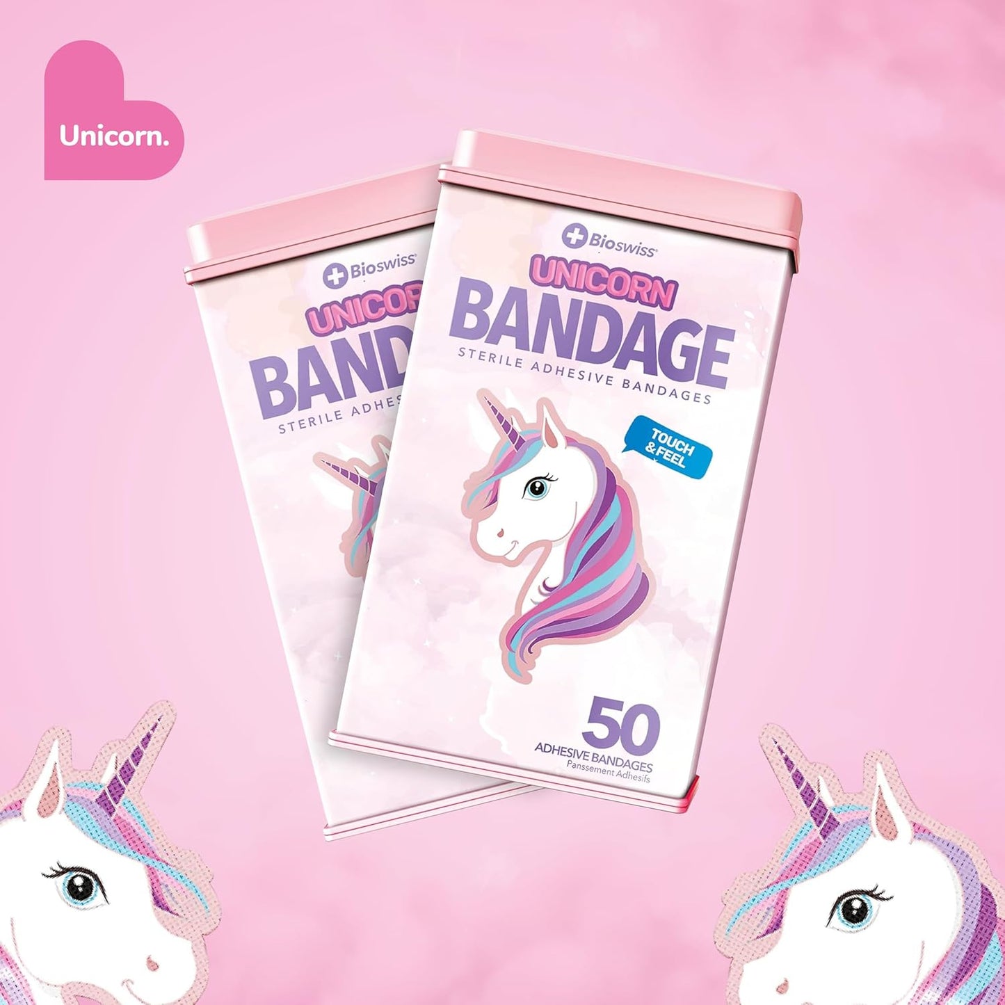 BioSwiss Bandages, Unicorn Shaped Self Adhesive Bandage, Latex Free Sterile Wound Care, Fun First Aid Kit Supplies for Kids, 50 Count