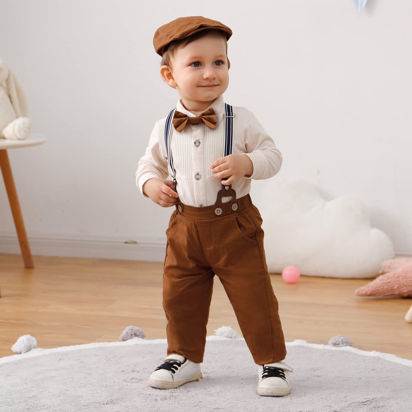 YUEMION Baby Boy Clothes Wedding Outfit Suits, 0-18 Months Infant Boy Gentleman Set, Dress Shirt+Vest+Suspender Pants+Bowtie