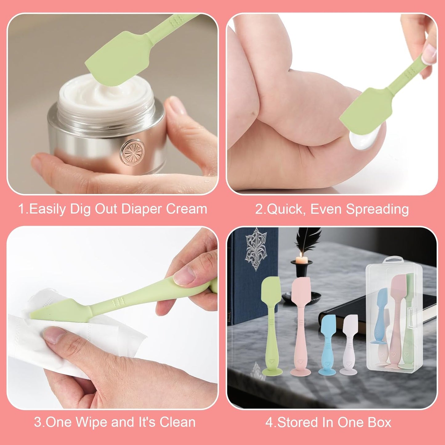 4-Pack Diaper Cream Spatula with Travel Box, Soft Baby Butt Spatula – Silicone Butt Paste Spatula, Convenient Diaper Spatula & Skin-Friendly Baby Butt Spatula