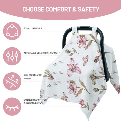 100% Muslin Summer Baby Car Seat Cover, Universal Fit Infant Car Seat Canopy, Breathable & Lightweight Sun, Weather Protection for Boys & Girls