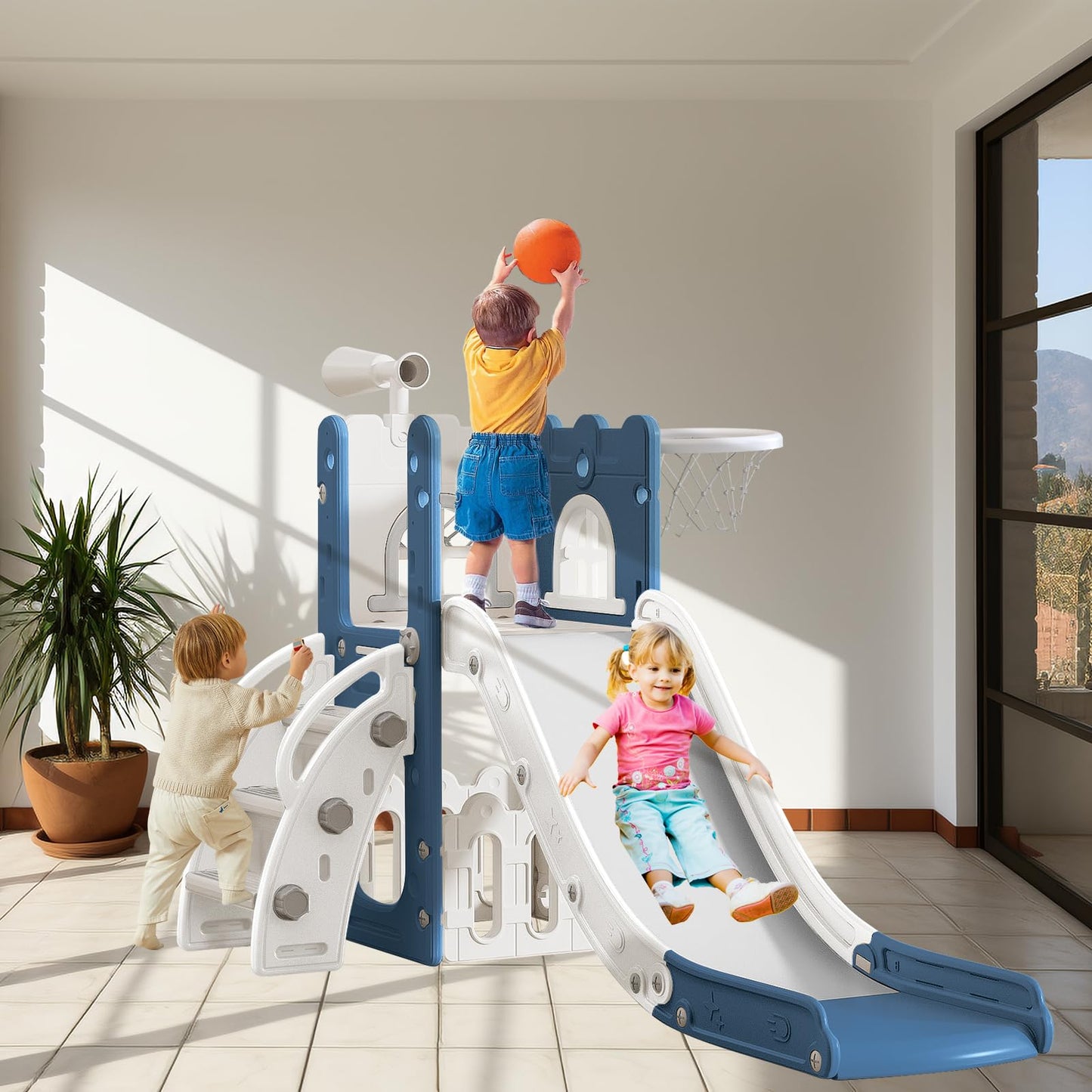 6 in 1 Toddler Slide for Toddler Age 1-3,Kids Climber Slider for Indoor Outdoor Playground with Basketball Hoop,Storage and Telescope,L Shaped Slide for Toddler Climber Playset