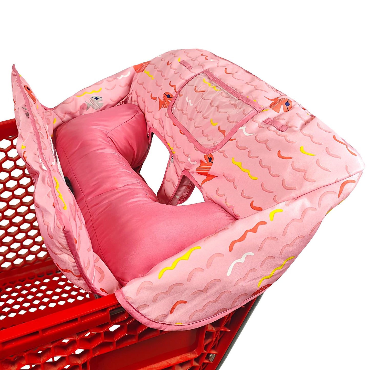 Soft Pillow Attached 2-in-1 Shopping Cart and High Chair Cover for Baby, Cotton Padded Cart Cover, Fold'n Roll Style, Portable with Carry Bag (Blue Elephant)