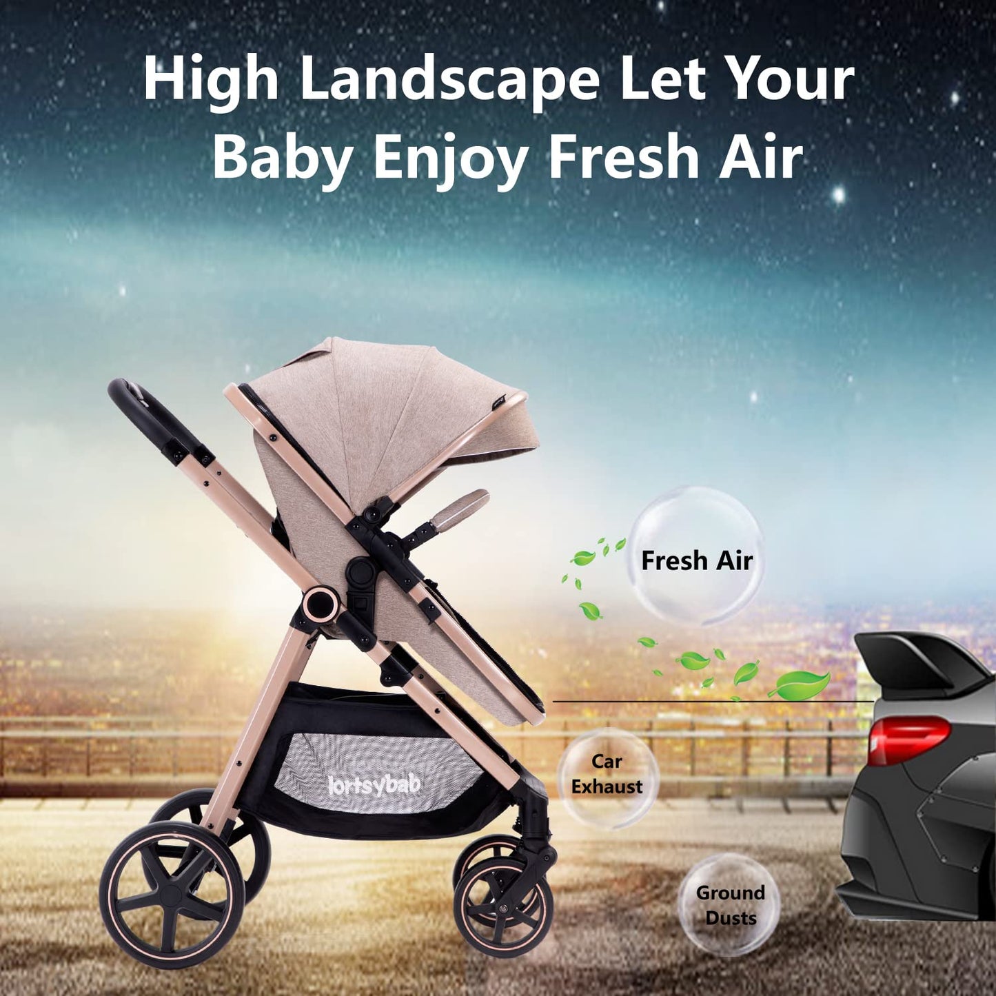 2-in-1 Baby Stroller with Bassinet Mode - Folding Infant Newborn Pram Stroller with Reversible Seat - Toddler Strollers for 0-36 Months Old Babies (Beige)