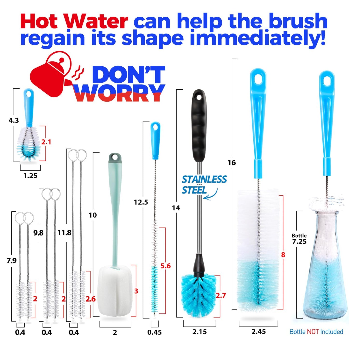 Holikme Bottle Brush Tube Cleaning Lab Set with Long Handle, Cup Cleaner for Washing Narrow Neck Beer Wine Decanter Pipes Lids Sinks Cap Covers, White