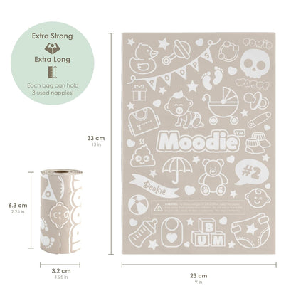 Moodie Teddy Bear Diaper Bag Dispenser w/Silicon Strap (ROSIE PINK) & 6 Refill Roll PACK (UNSCENTED - 105 Bags TOTAL) | Diaper Bag Essential Items