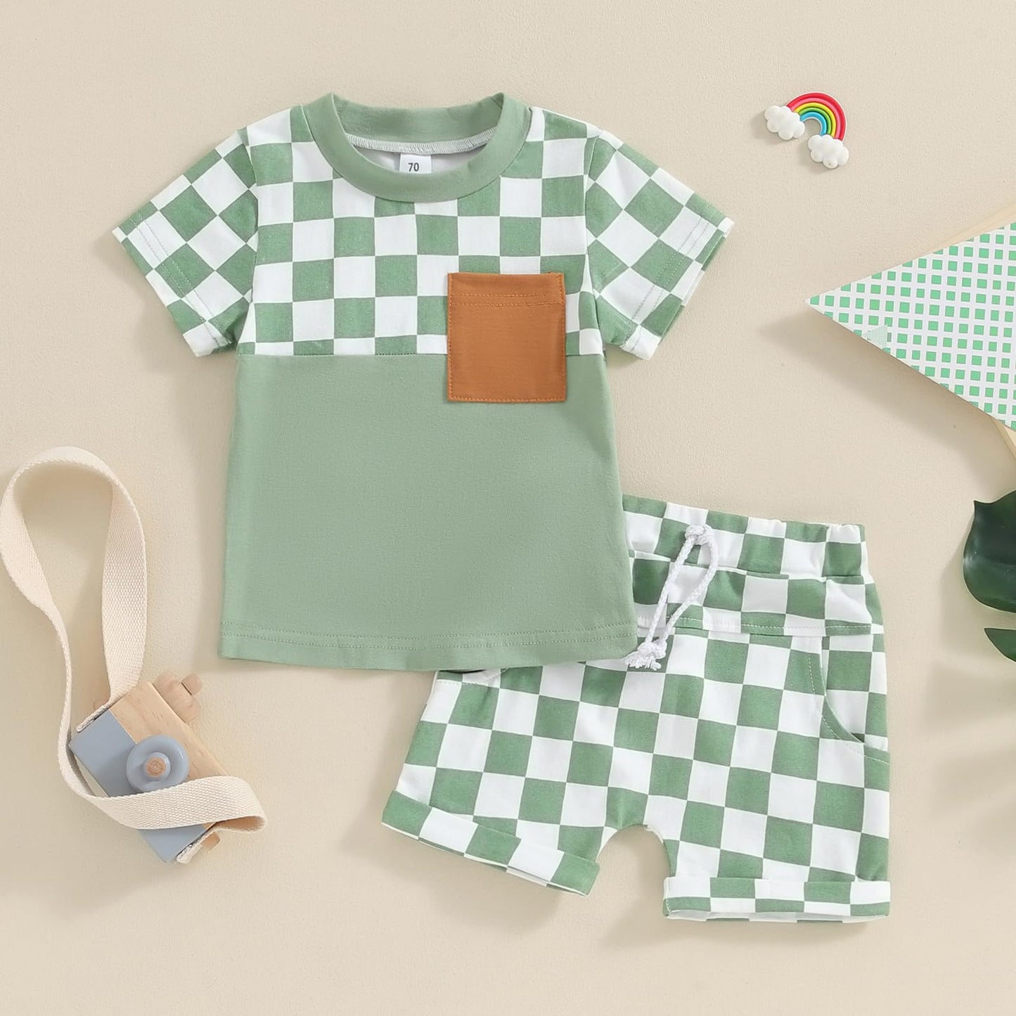 Toddler Baby Boy Summer Clothes Set Short Sleeve Checkered Tops & Shorts Novelty Color Block Outfits