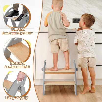 Wooden Step Stool, Two Step Stools, 300 lb. Load Capacity, with Safety Non-Slip Pads and Handles, Bamboo Step Stool for Bathroom and Kitchen, Children's Double Height Step Stools(Pink)