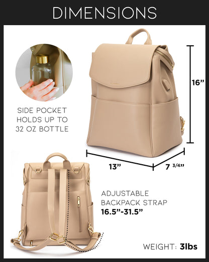 Leather Diaper Bag Backpack with USB Charging port, Changing Pad, Stroller Straps, and Bottle Holder (Brown Olivia)