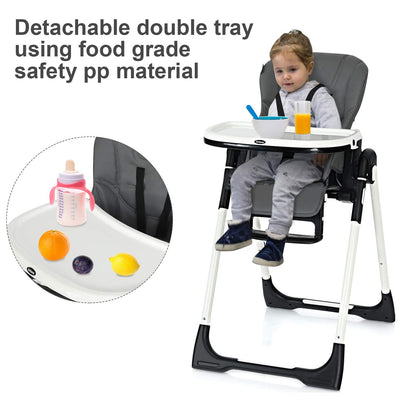 INFANS High Chair for Babies & Toddlers, Foldable Highchair with Multiple Adjustable Backrest, Footrest and Seat Height, Removable Tray, Detachable PU Leather Cushion, Built-in Rear Wheels (Black)