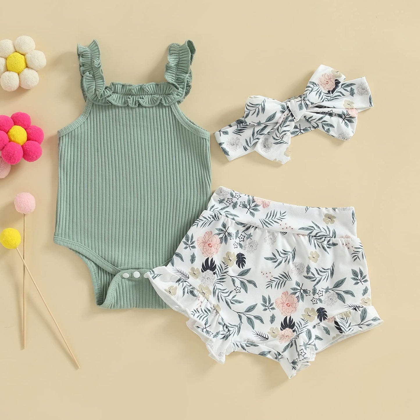 Murnouche Newborn Baby Girl Summer Clothes Sleeveless Floral Top Ribbed Shorts Boho Outfit Set