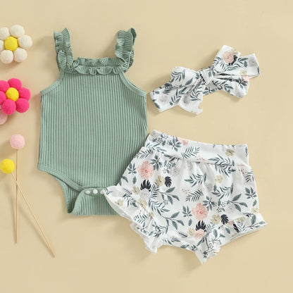 Murnouche Newborn Baby Girl Summer Clothes Sleeveless Floral Top Ribbed Shorts Boho Outfit Set