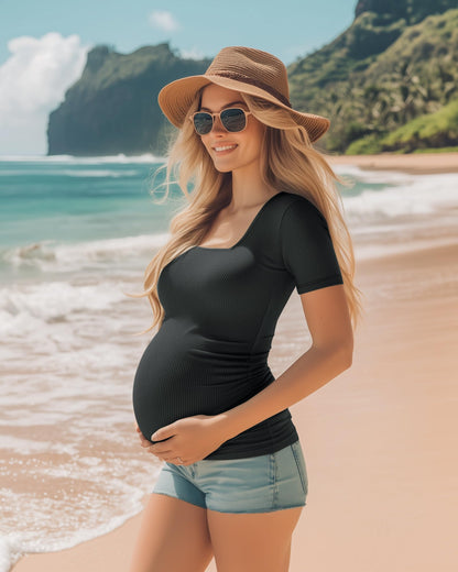 Huukeay 4 Pack Women's Maternity Shirts Cotton Ribbed Short Sleeve Square Neck Pregnancy Tops Side Ruched Summer Tee