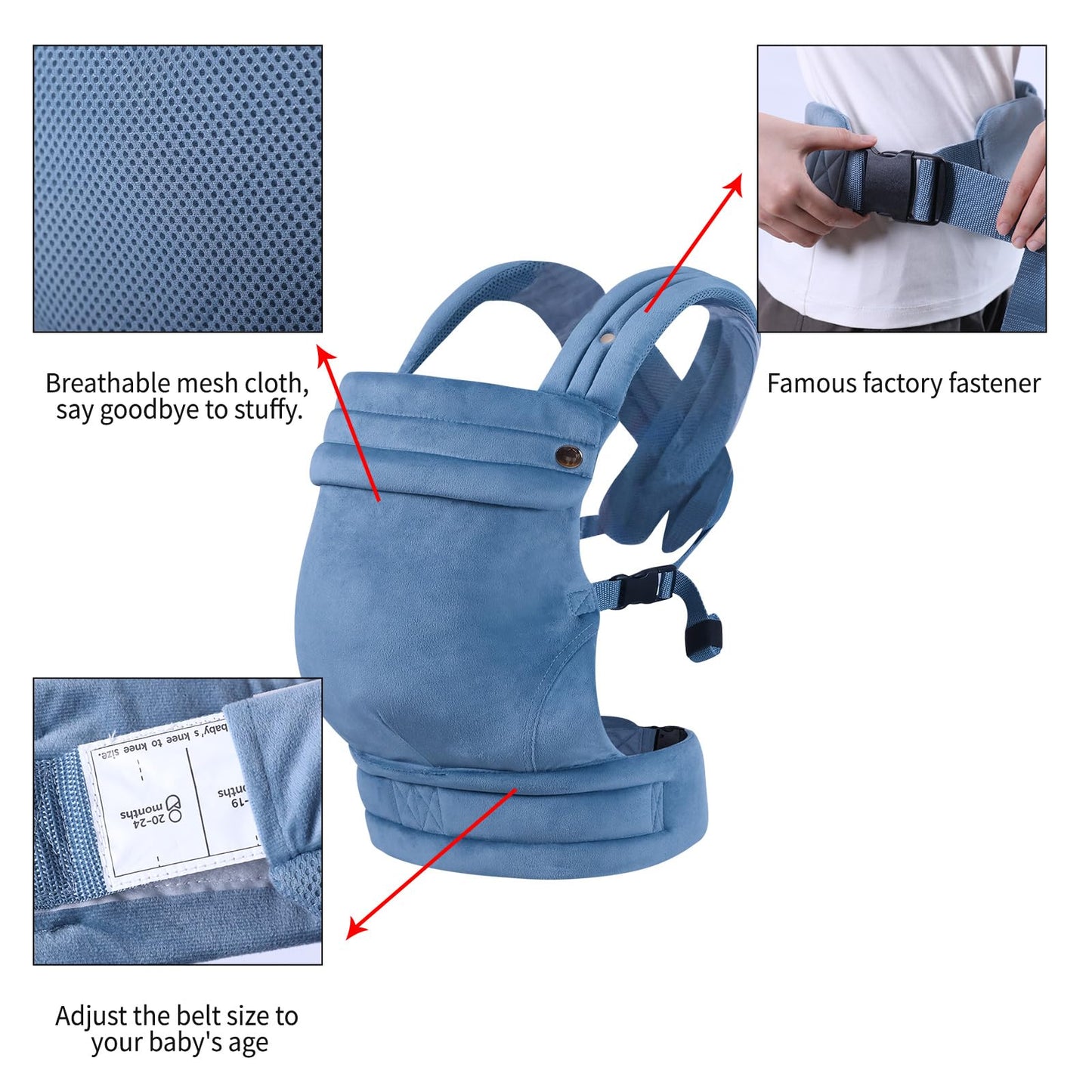 Baby Carrier Newborn to Toddler - Ergonomic,Velvet Fabric Breathable Mesh Cozy and Lightweight Infant Carrier for 7-35lbs,Enhanced Lumbar Support Hands-Free Parenting,All Seasons,Blue