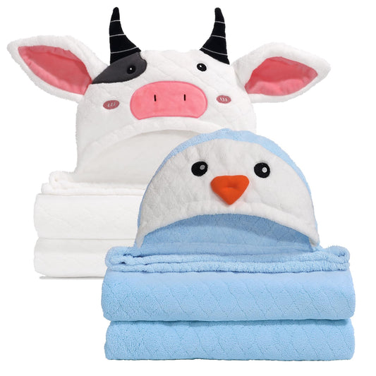 Hooded Baby Towels Boy for 0-6 Years, 50"x 32" Extra Large Toddler Bath Towels with Hood for Boys & Girls, 2-Pack Absorbent Thick Soft Gift for Kids Yellow Lion & Orange Monkey
