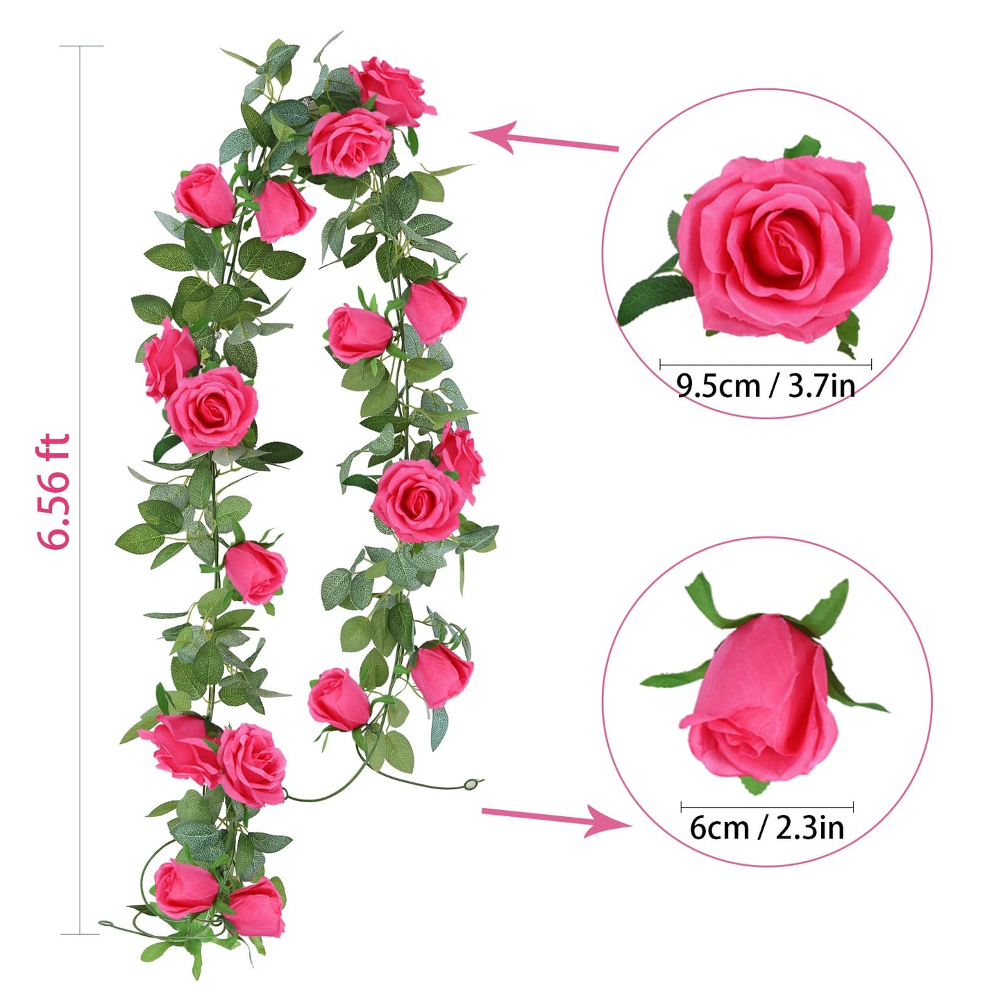 Felice Arts 2 Pack Pink Artificial Rose Garland Each 6.5FT Fake Rose Vine Hanging Floral Garland for Wedding Flowers Table Centerpiece Arrangement Baby Shower Decor