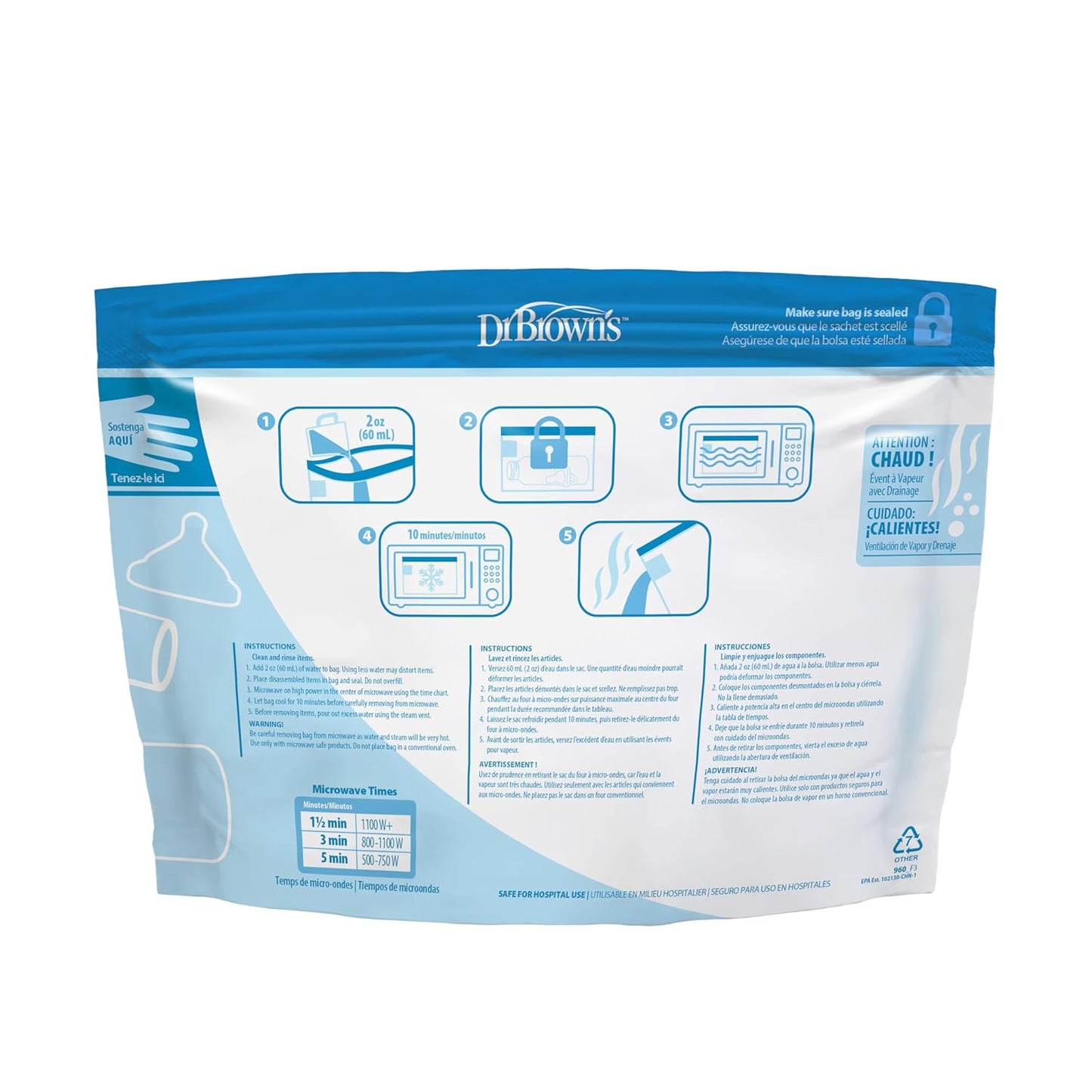 Dr. Brown's Microwave Steam Sterilizer Bags for Baby Bottles, Pacifiers, Pump Parts and Accessories, Travel Baby Bottle Sterilizer, 30 Uses per Bag, 5 Count (Pack of 1)