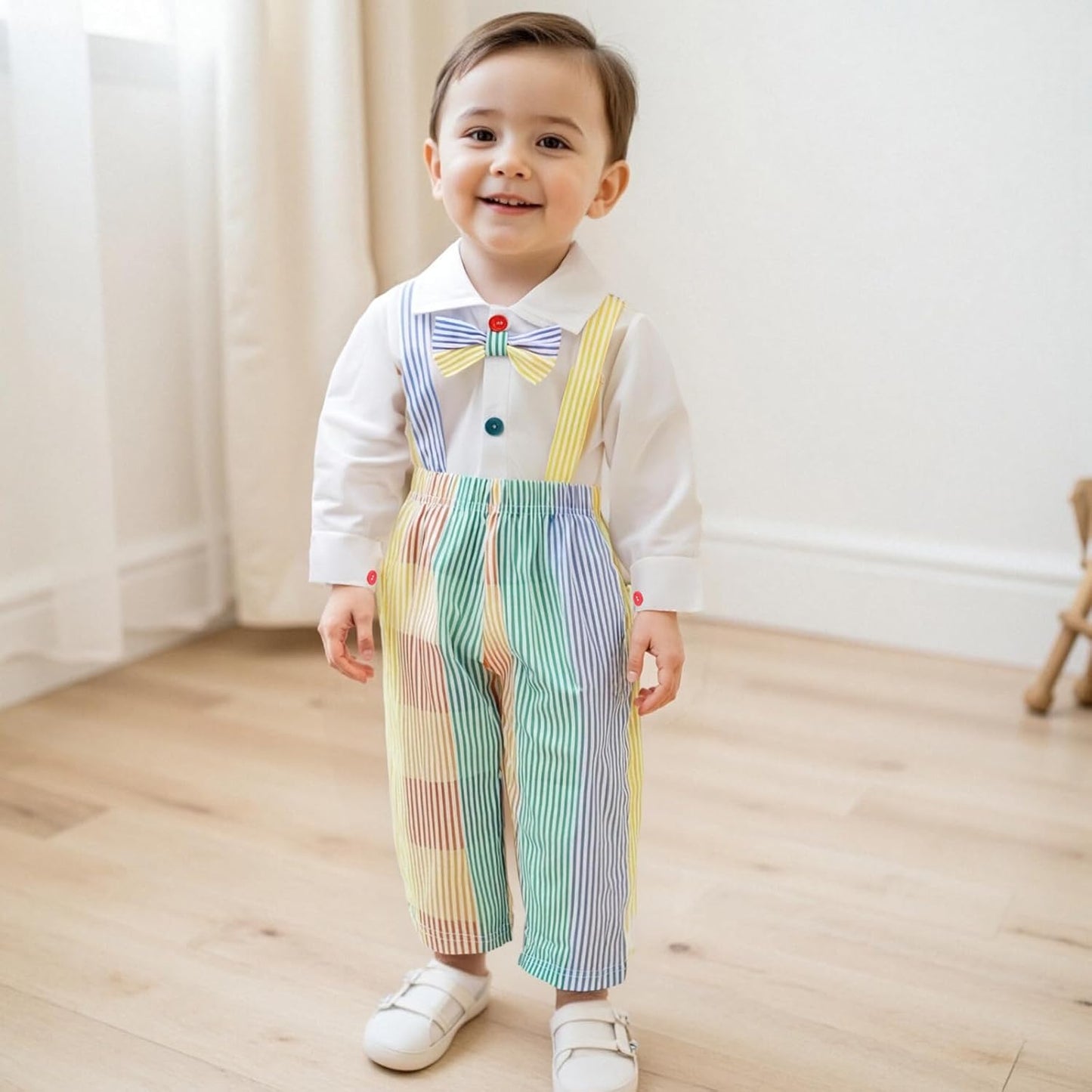 Infant Baby Boy Gentleman Outfit Long Sleeve Romper Bowtie Rainbow Striped Suspender Pants Set Dress Clothes Fall