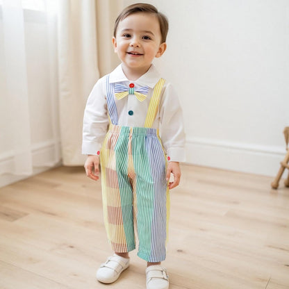 Infant Baby Boy Gentleman Outfit Long Sleeve Romper Bowtie Rainbow Striped Suspender Pants Set Dress Clothes Fall