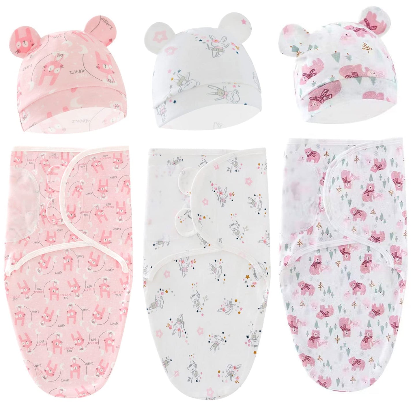 Baby Swaddle Sleep Sack with Hat Set for 0-3 months 3-Pack Soft Cotton Newborn Wearable Swaddle Wrap for Girls Boys
