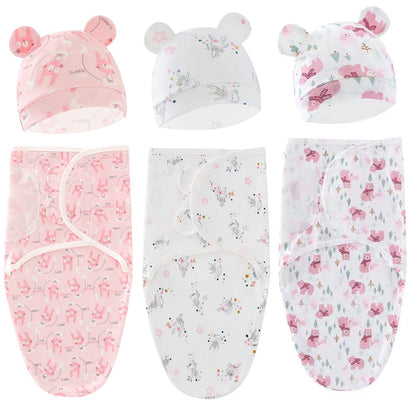 Baby Swaddle Sleep Sack with Hat Set for 0-3 months 3-Pack Soft Cotton Newborn Wearable Swaddle Wrap for Girls Boys