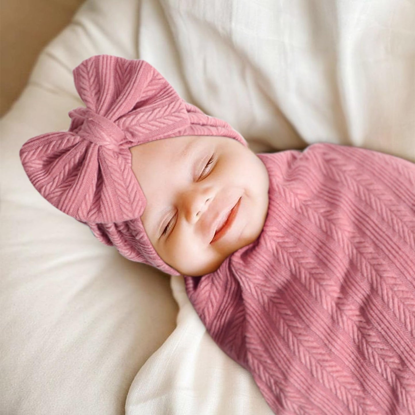 DRESHOW BQUBO Baby Swaddle Blankets for Girls, 4PCS Newborn Accessories Set with Matching Hat and Bow Headband with Card