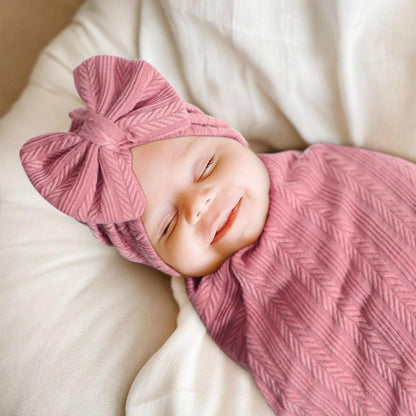 DRESHOW BQUBO Baby Swaddle Blankets for Girls, 4PCS Newborn Accessories Set with Matching Hat and Bow Headband with Card