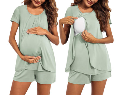 Ekouaer Women's Maternity Nursing Pajamas Set Breastfeeding Sleepwear Double Layer Short Sleeve Top & Shorts Nursing Pjs
