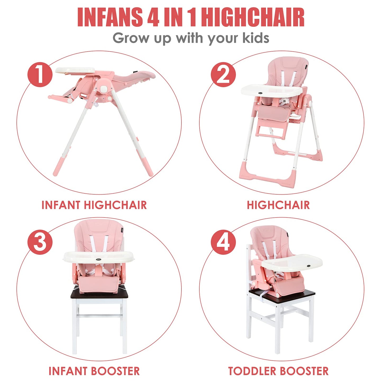 INFANS High Chair for Babies & Toddlers, Foldable Highchair with Multiple Adjustable Backrest, Footrest and Seat Height, Removable Tray, Detachable PU Leather Cushion, Built-in Rear Wheels (Black)