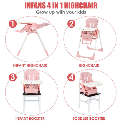 INFANS High Chair for Babies & Toddlers, Foldable Highchair with Multiple Adjustable Backrest, Footrest and Seat Height, Removable Tray, Detachable PU Leather Cushion, Built-in Rear Wheels (Black)